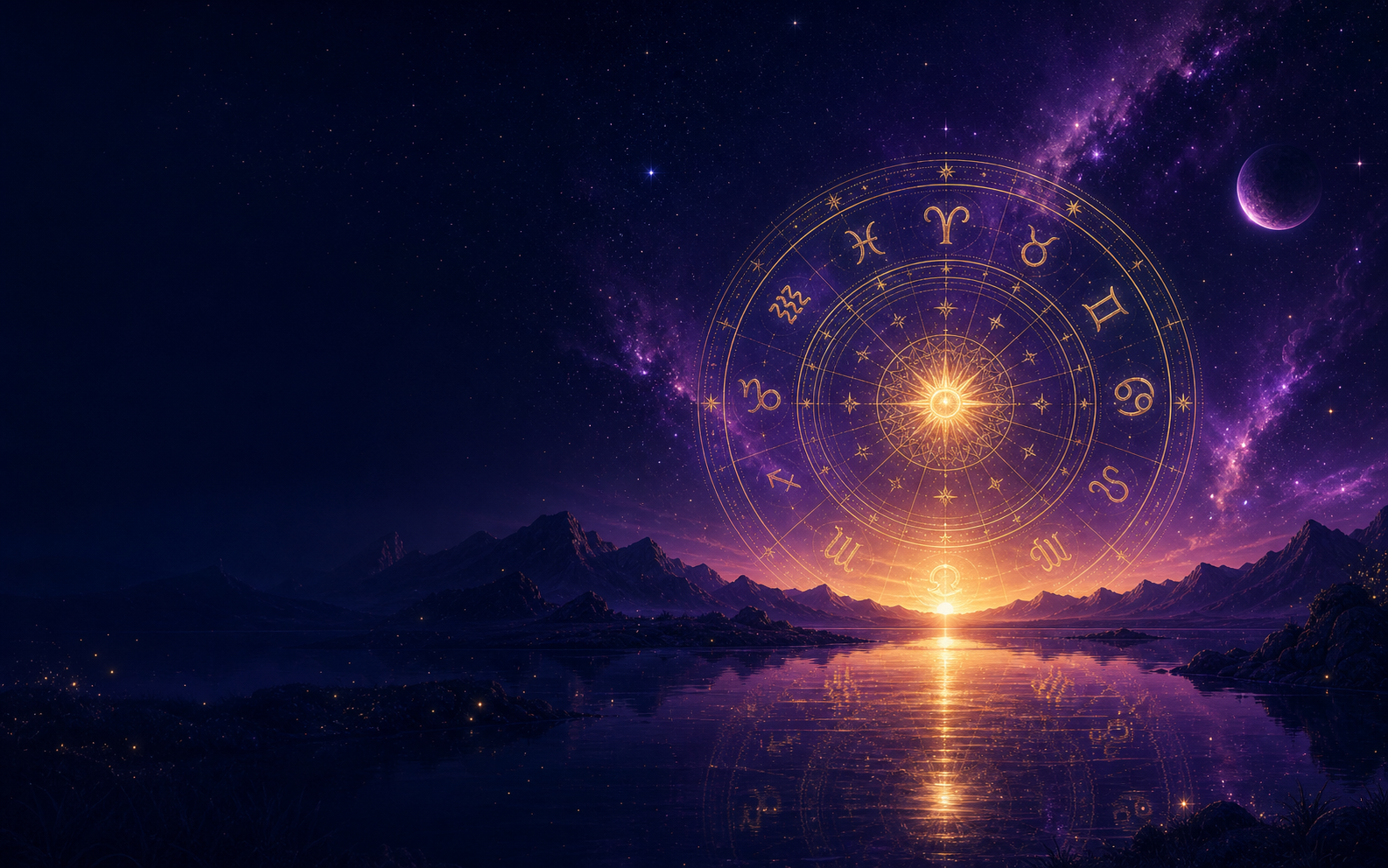 Astrological zodiac wheel beneath a star-filled sky